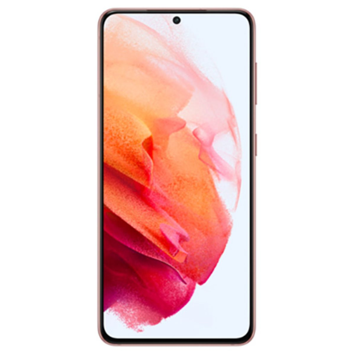 Ein roségoldenes Smartphone mit einem bunten Hintergrundbild auf dem Bildschirm.