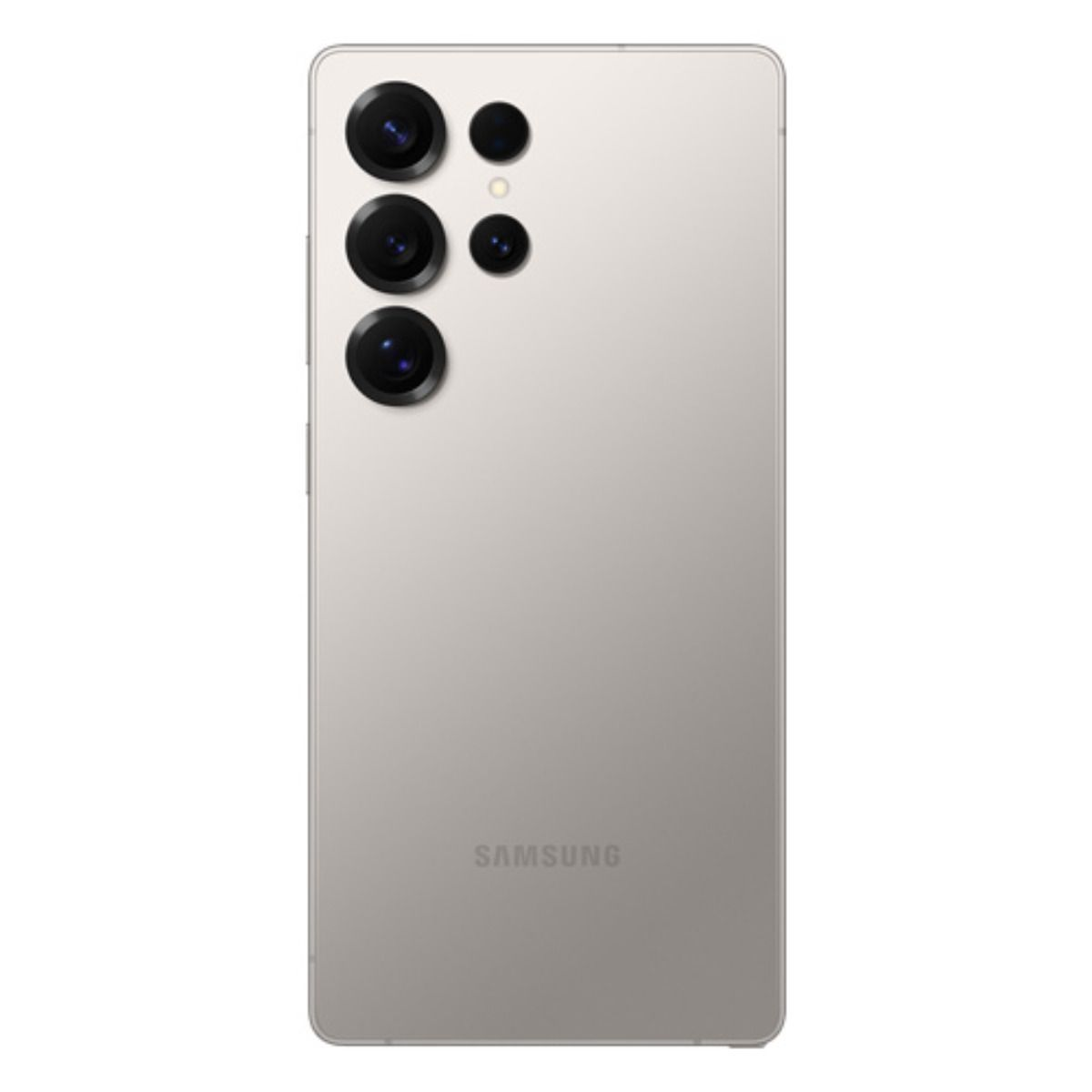 Retro di uno smartphone Samsung grigio chiaro con quattro obiettivi e logo Samsung.