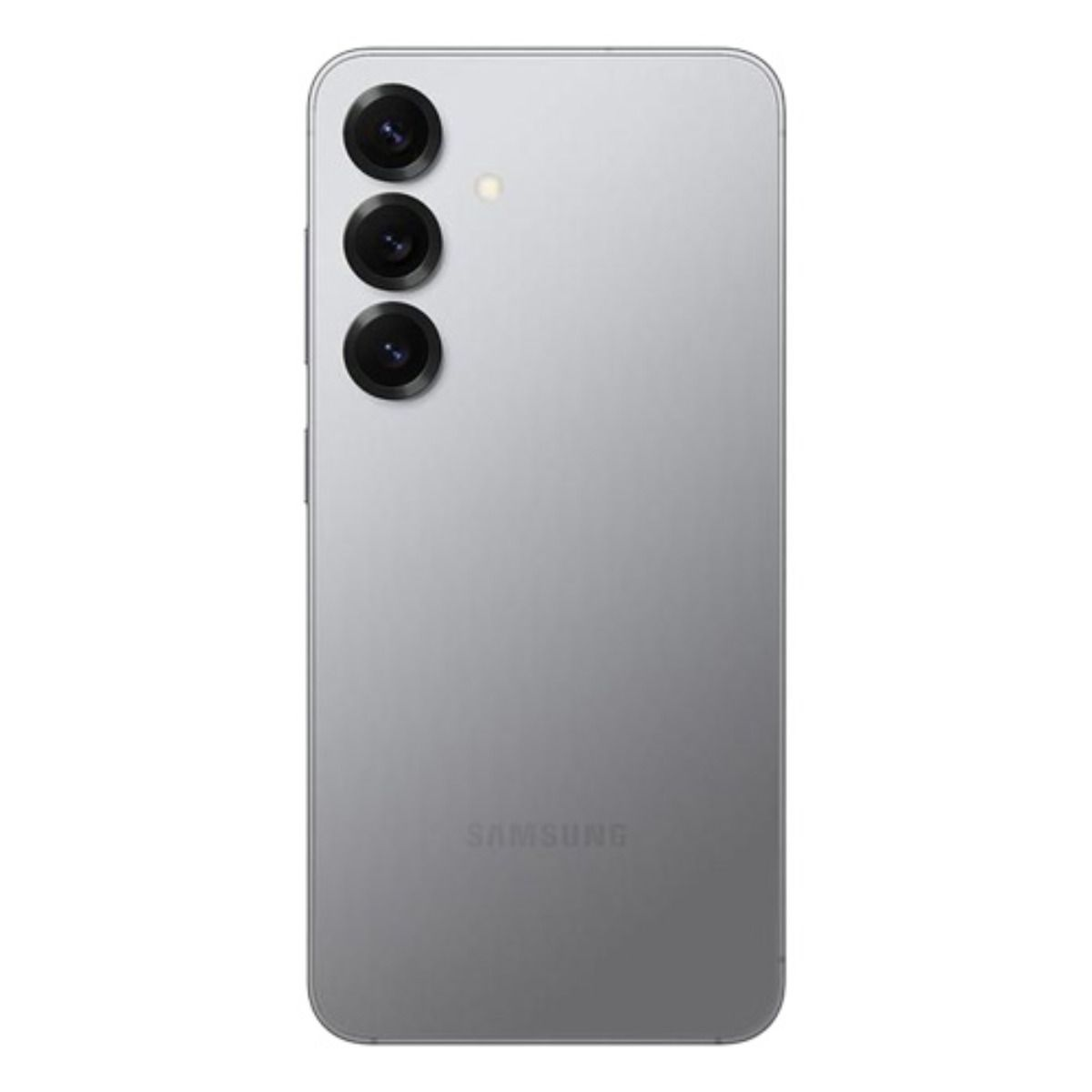 Rückseite eines silbernen Samsung-Smartphones mit drei Kameralinsen und Blitz.