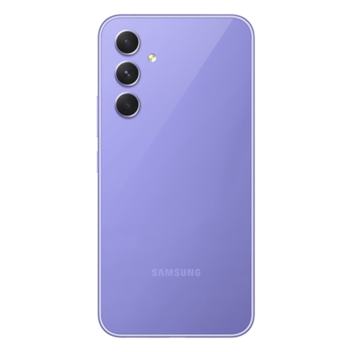 Lila Samsung Smartphone mit drei Kameras und Blitz auf der Rückseite.