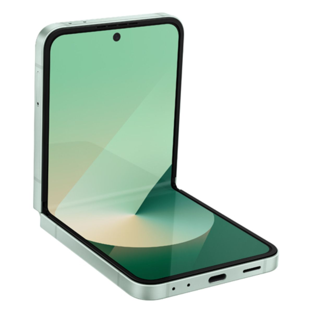 Un telefono a conchiglia verde chiaro, aperto su un lato.