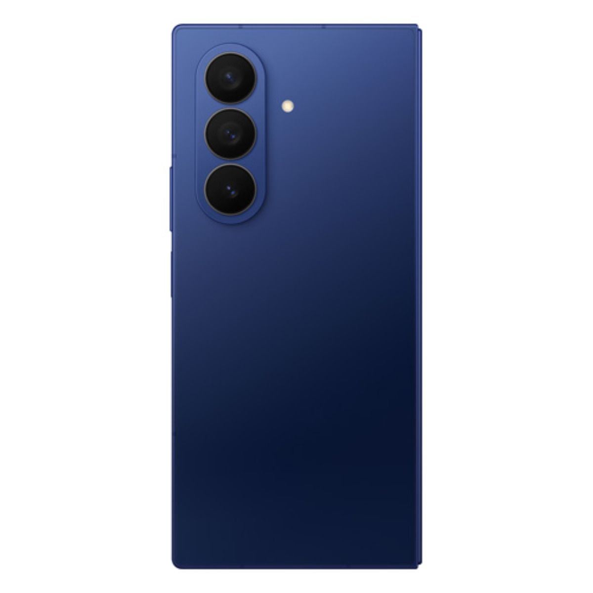 Rückseite eines dunkelblauen Smartphones mit drei Kameras und Blitz.