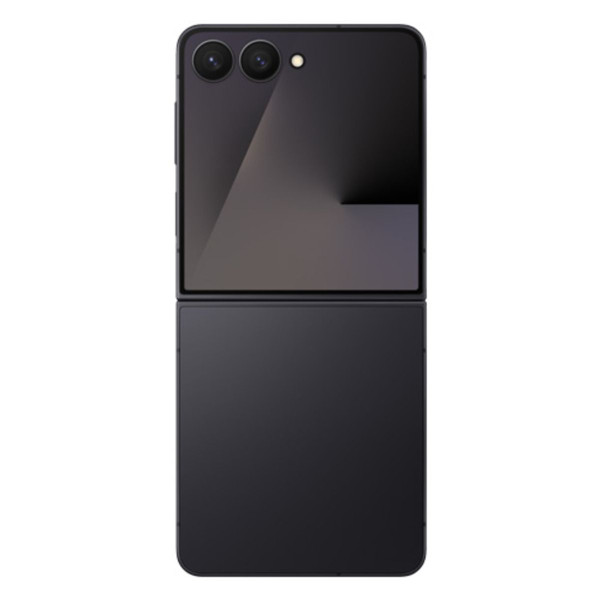 Un telefono a conchiglia nero chiuso con due fotocamere in alto.