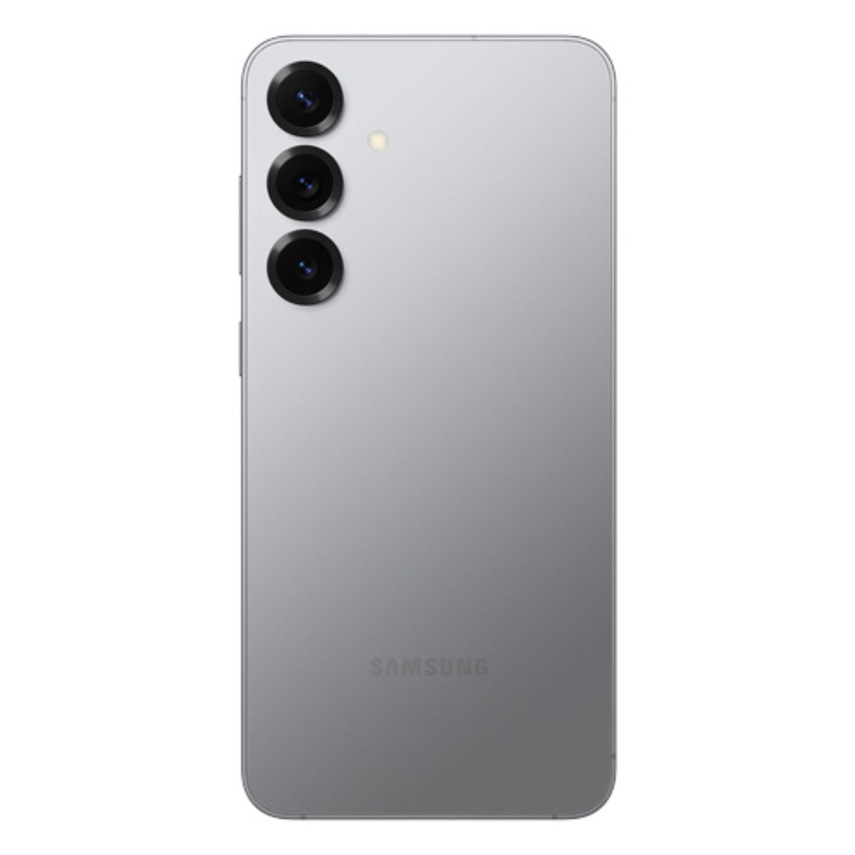 Rückseite eines silbernen Samsung Smartphones mit drei Kameralinsen und Blitz.