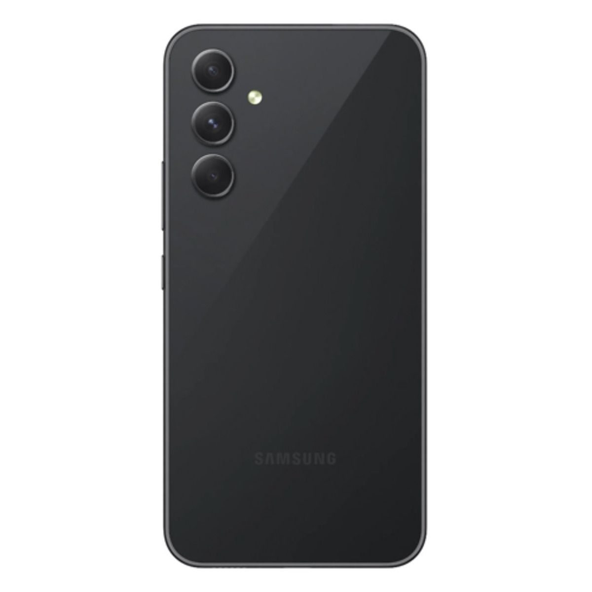 Rückseite eines schwarzen Samsung-Smartphones mit drei Kameralinsen und Blitz.