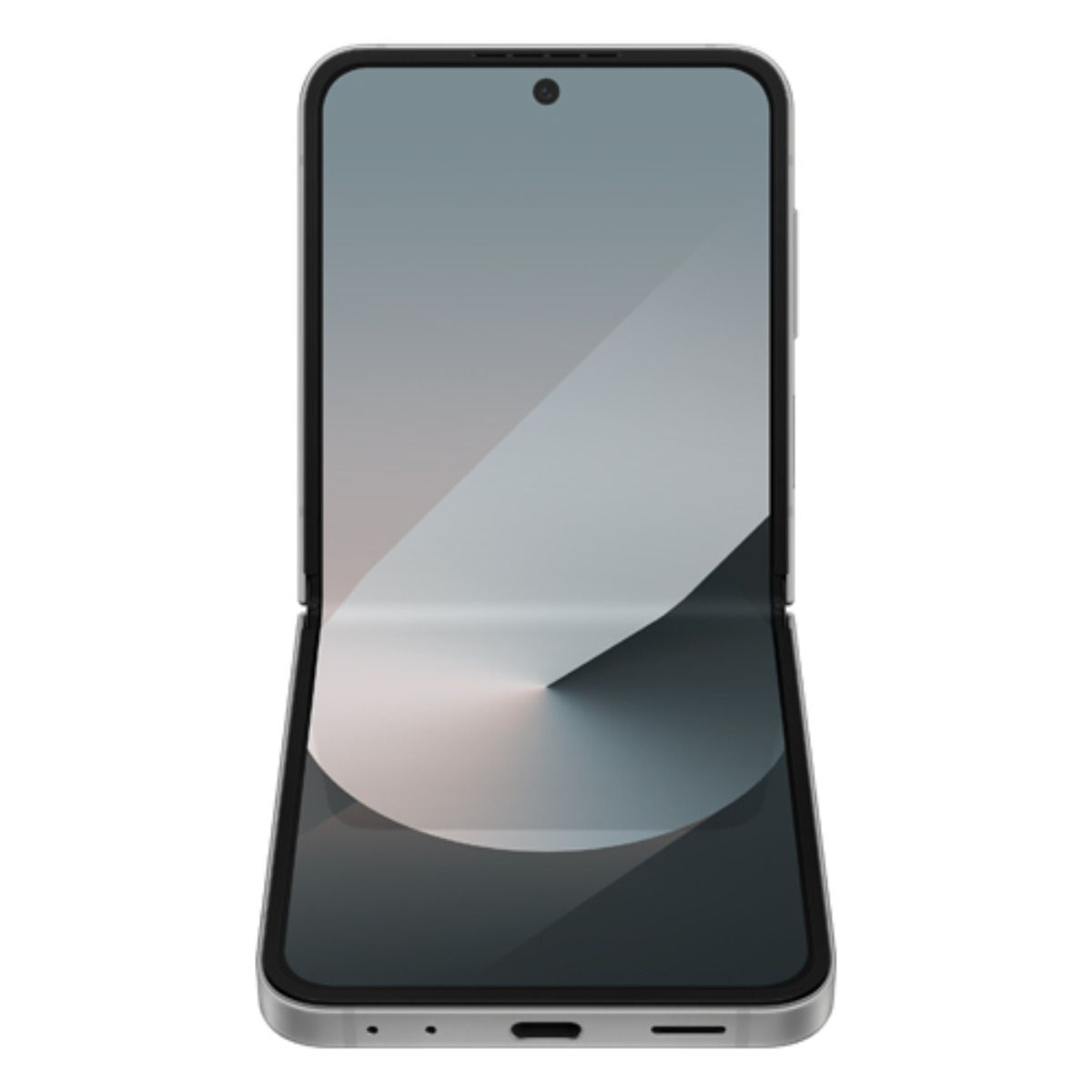 Uno smartphone argentato aperto con uno sfondo minimalista.