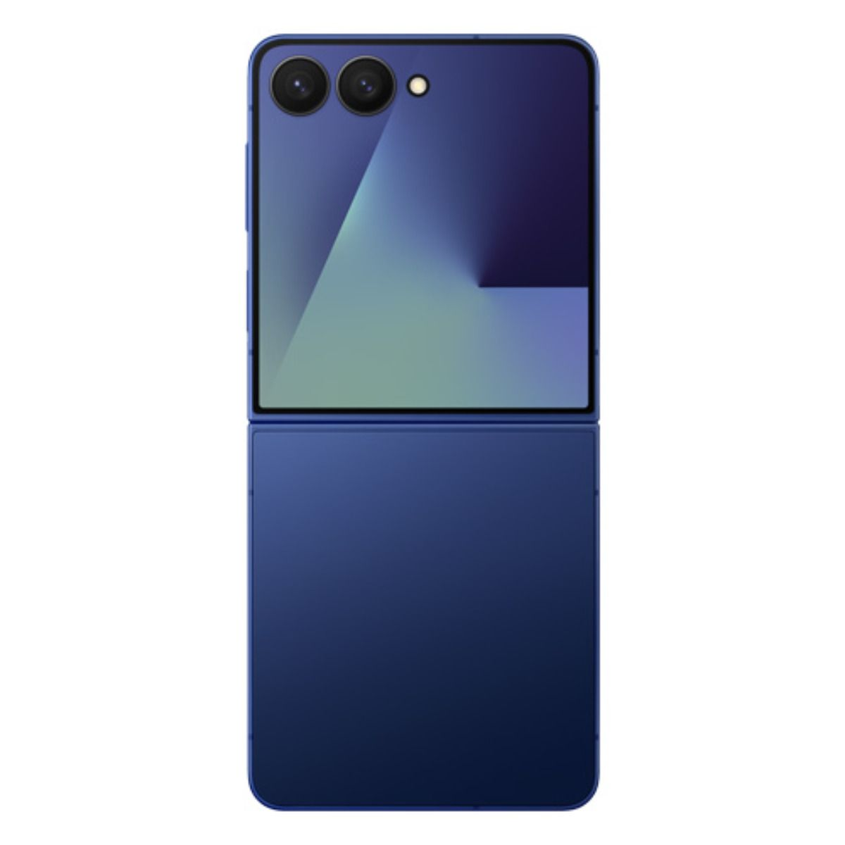 Un telefono flip blu chiuso con due fotocamere sul retro.