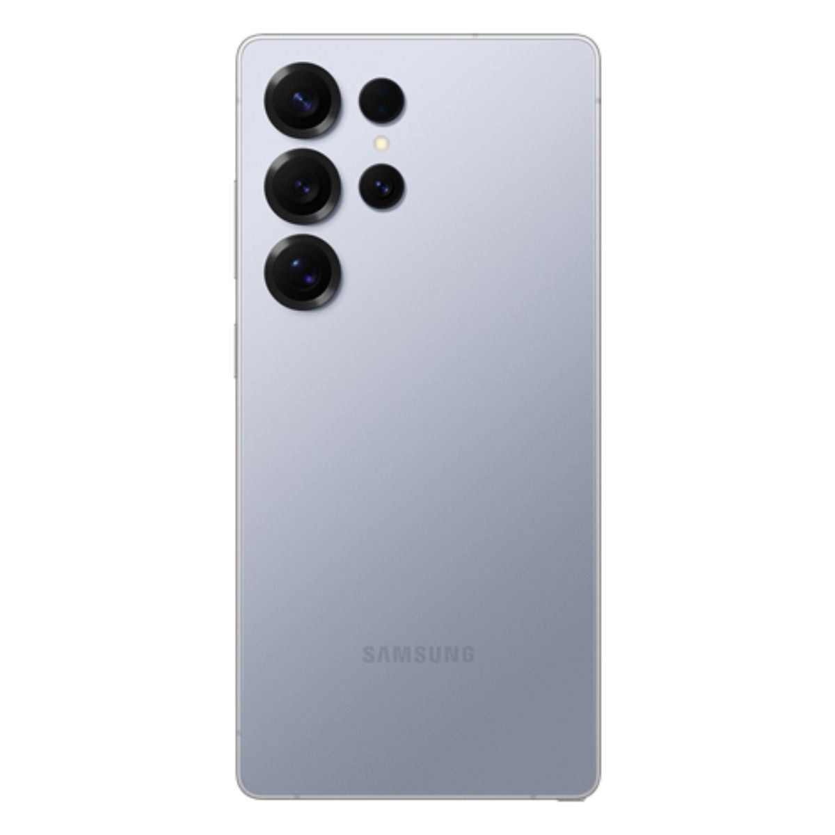 Rückseite eines hellvioletten Samsung Smartphones mit vier Kameras und Blitz.