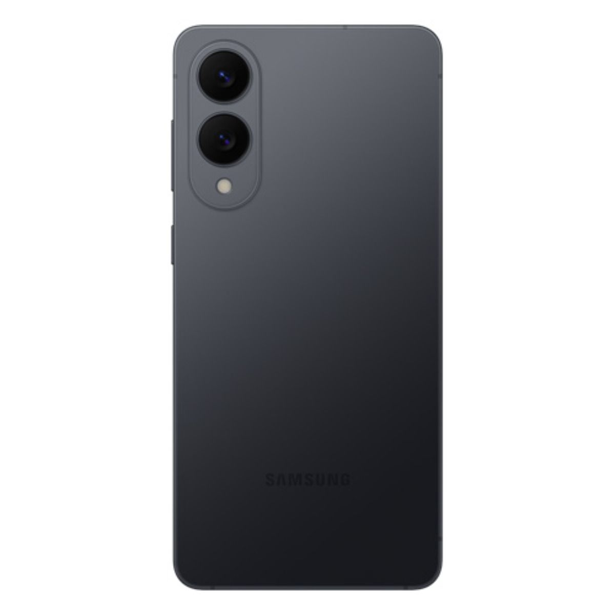 Smartphone Samsung grigio scuro con doppia fotocamera e flash.