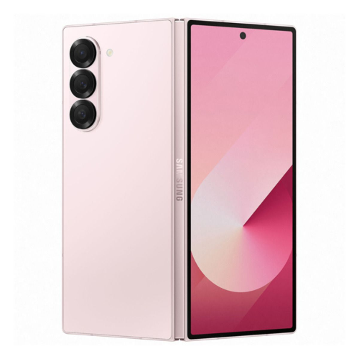 Ein rosa faltbares Samsung-Telefon mit drei Kameras auf der Rückseite und einem offenen Bildschirm.