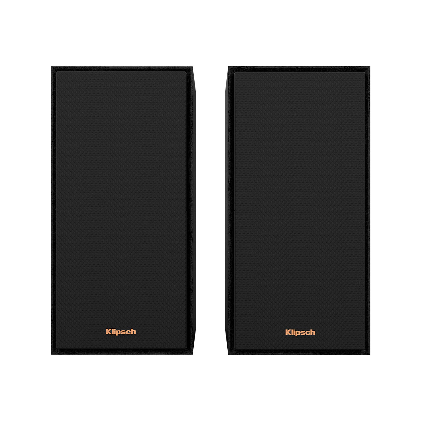 Due altoparlanti Klipsch neri uno accanto all'altro su sfondo bianco.