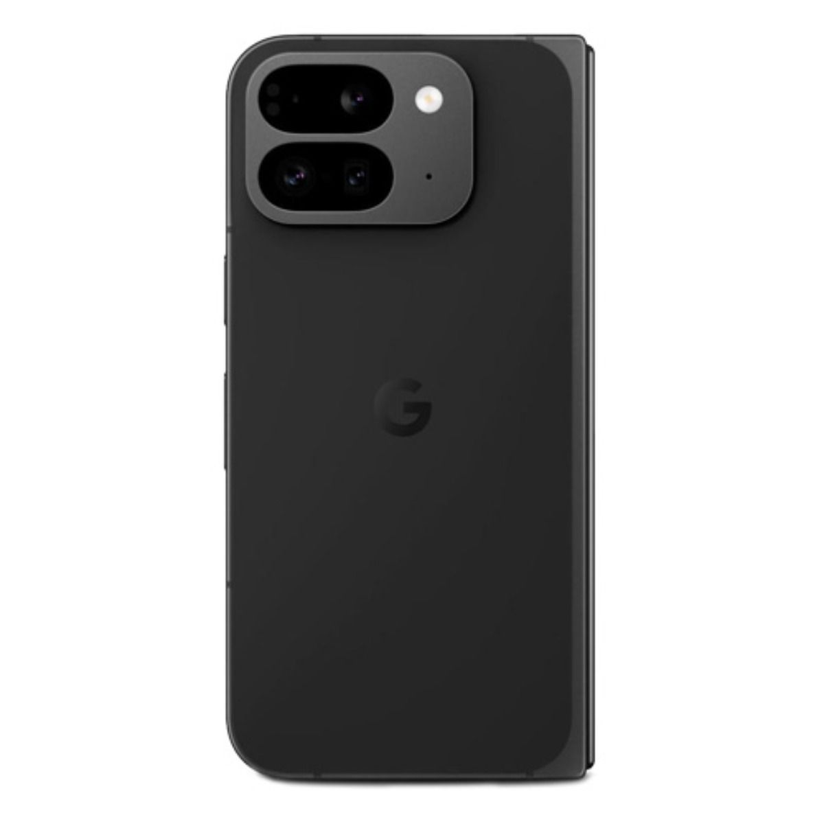 Rückseite eines schwarzen Google Pixel Fold mit Kamera und Google-Logo.