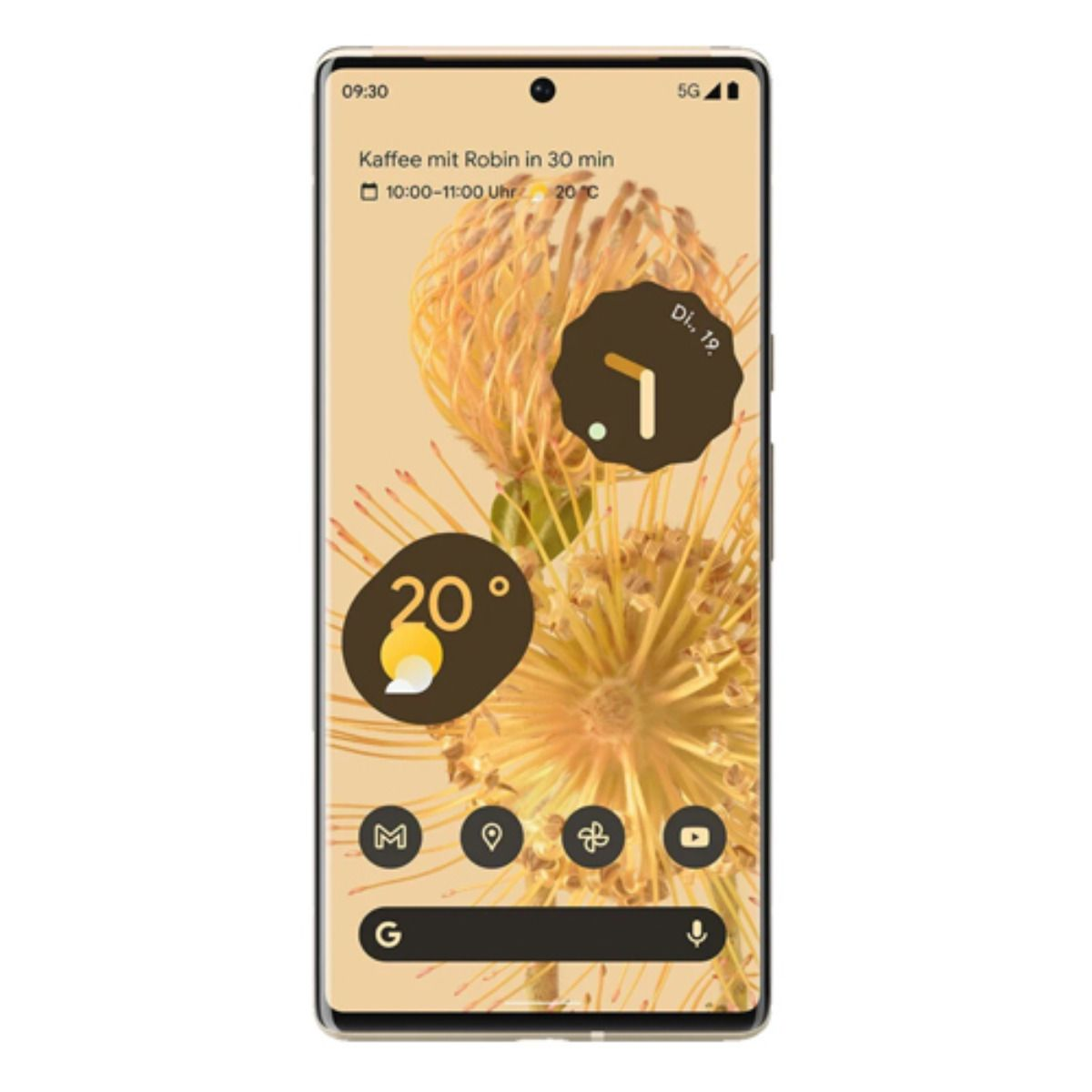 Smartphone mit gelbem Hintergrund, Uhrzeit 09:30, Temperatur 20 Grad.