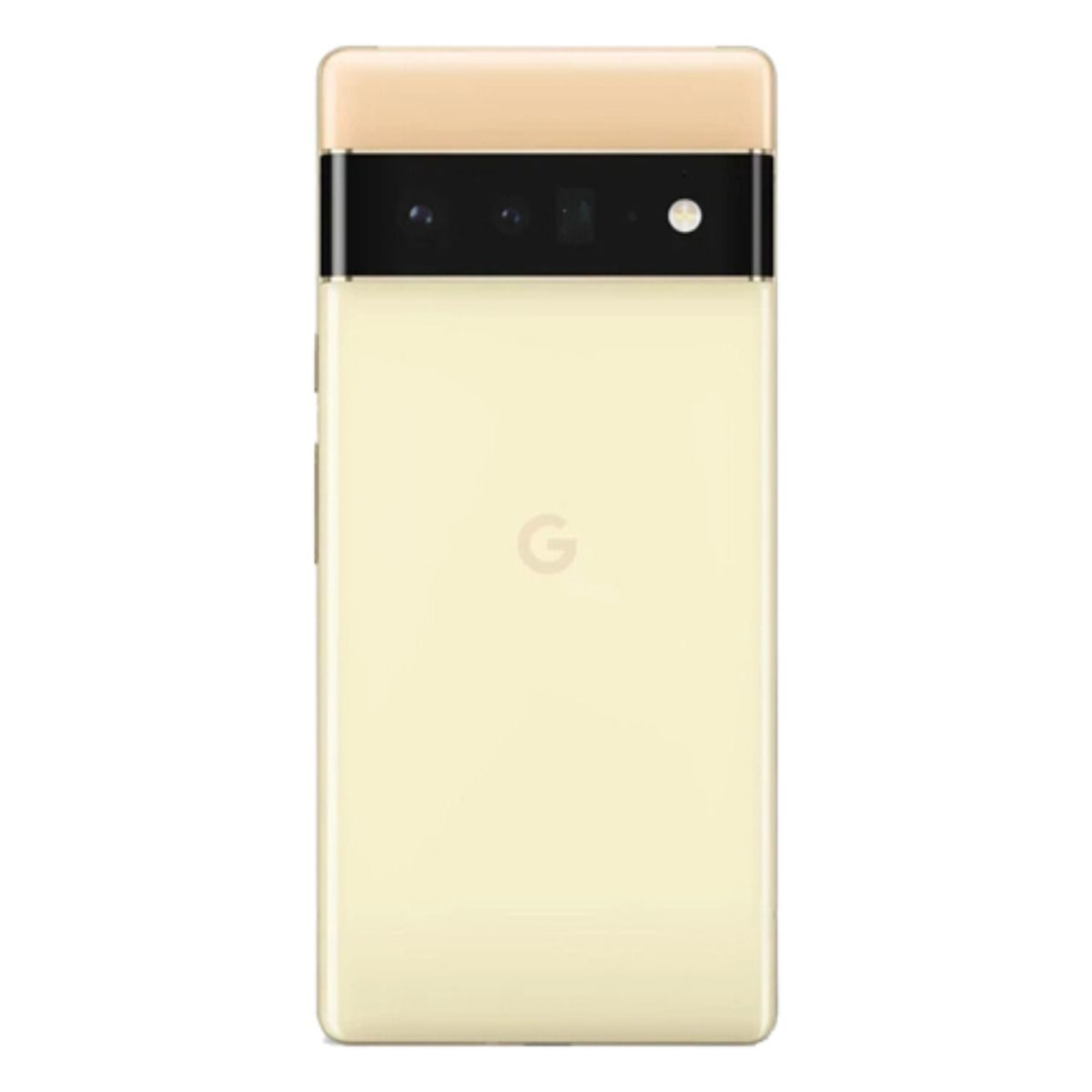 Rückseite eines hellgelben Google Pixel Smartphones mit Kamerabalken und G-Logo.