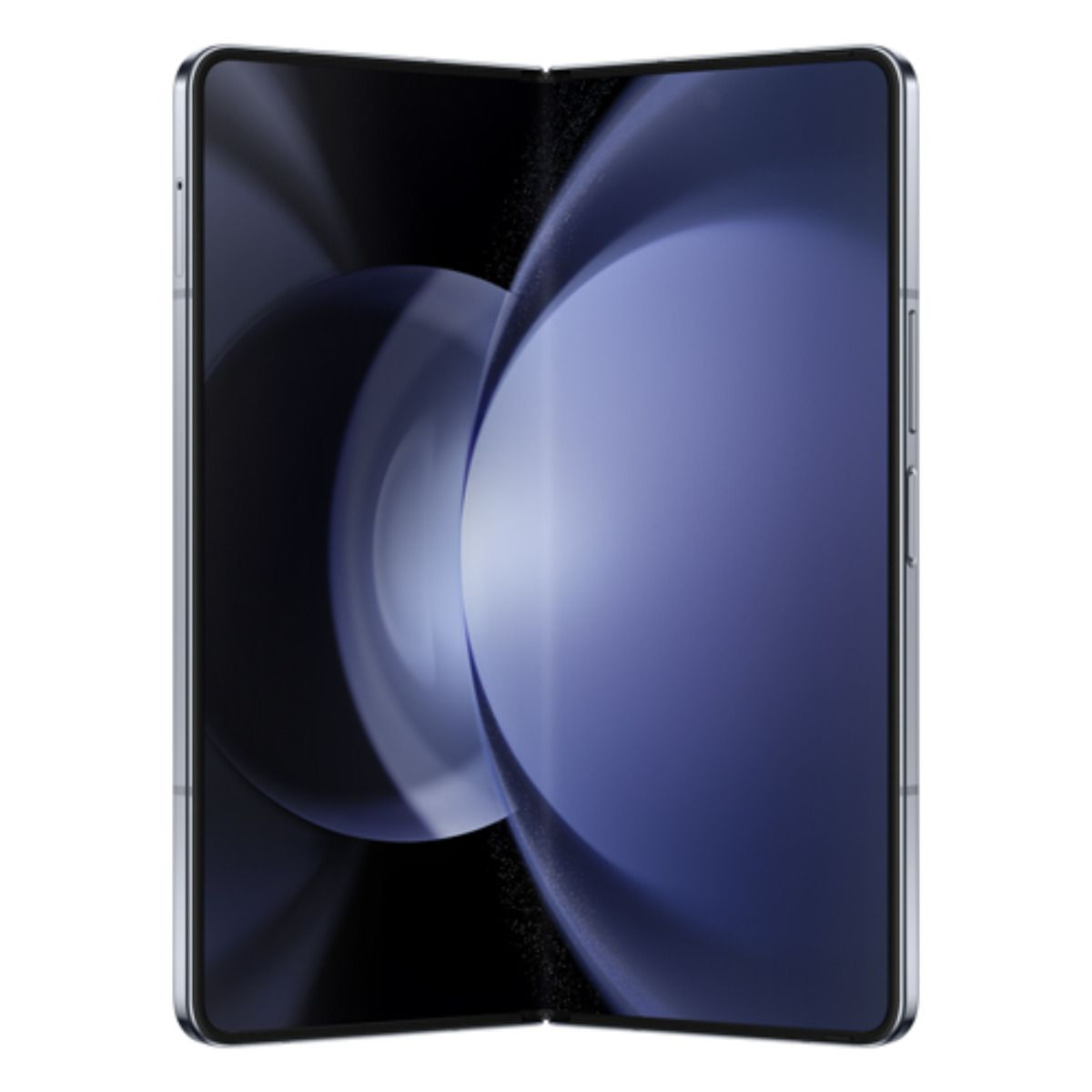 Ein silbernes faltbares Telefon ist geöffnet und zeigt einen violetten abstrakten Hintergrund mit hellen und dunklen Kreisen.