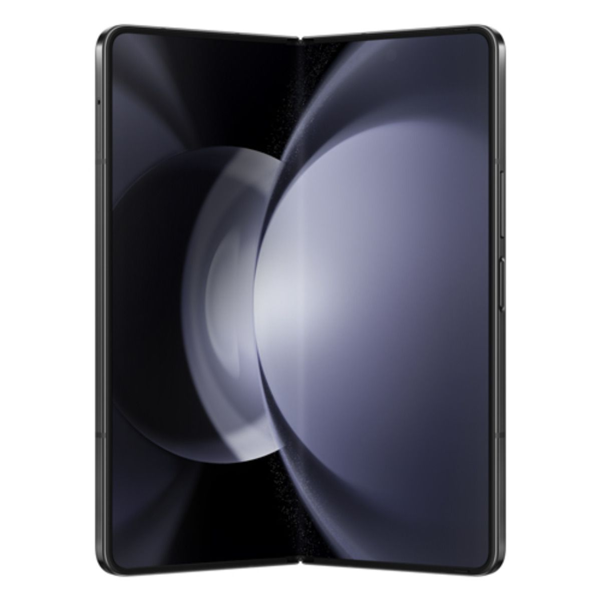 Un téléphone pliable sombre déplié affichant des graphiques abstraits.