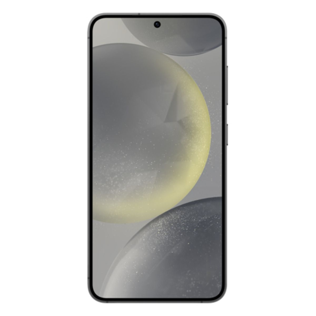 Ein Smartphone mit einem abstrakten, grauen und gelben Hintergrund mit Blasen.