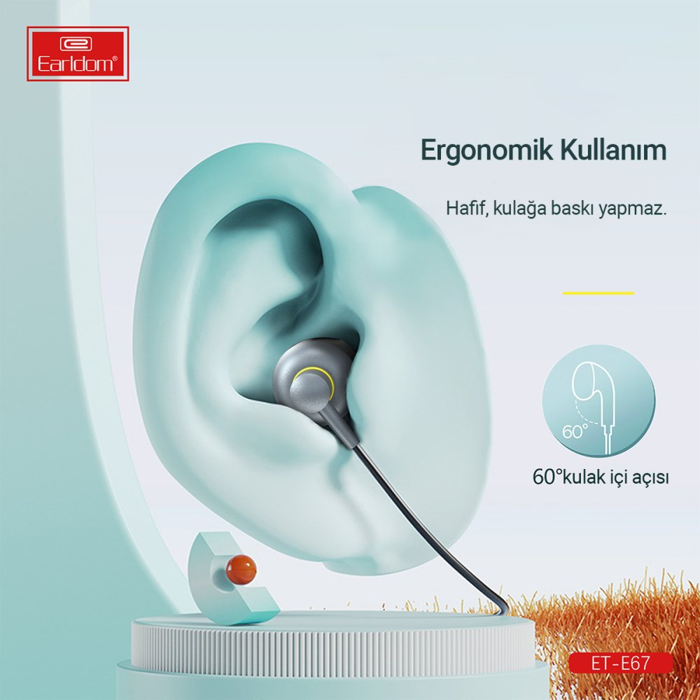 Ergonomi hakkında metin bulunan stilize edilmiş bir kulakta gri Earldom kulaklık.