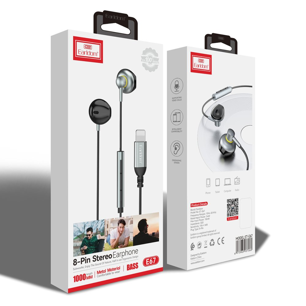 Earldom 8-Pin Stereo Kulaklık ambalajı, siyah ve gümüş kulaklıklar.