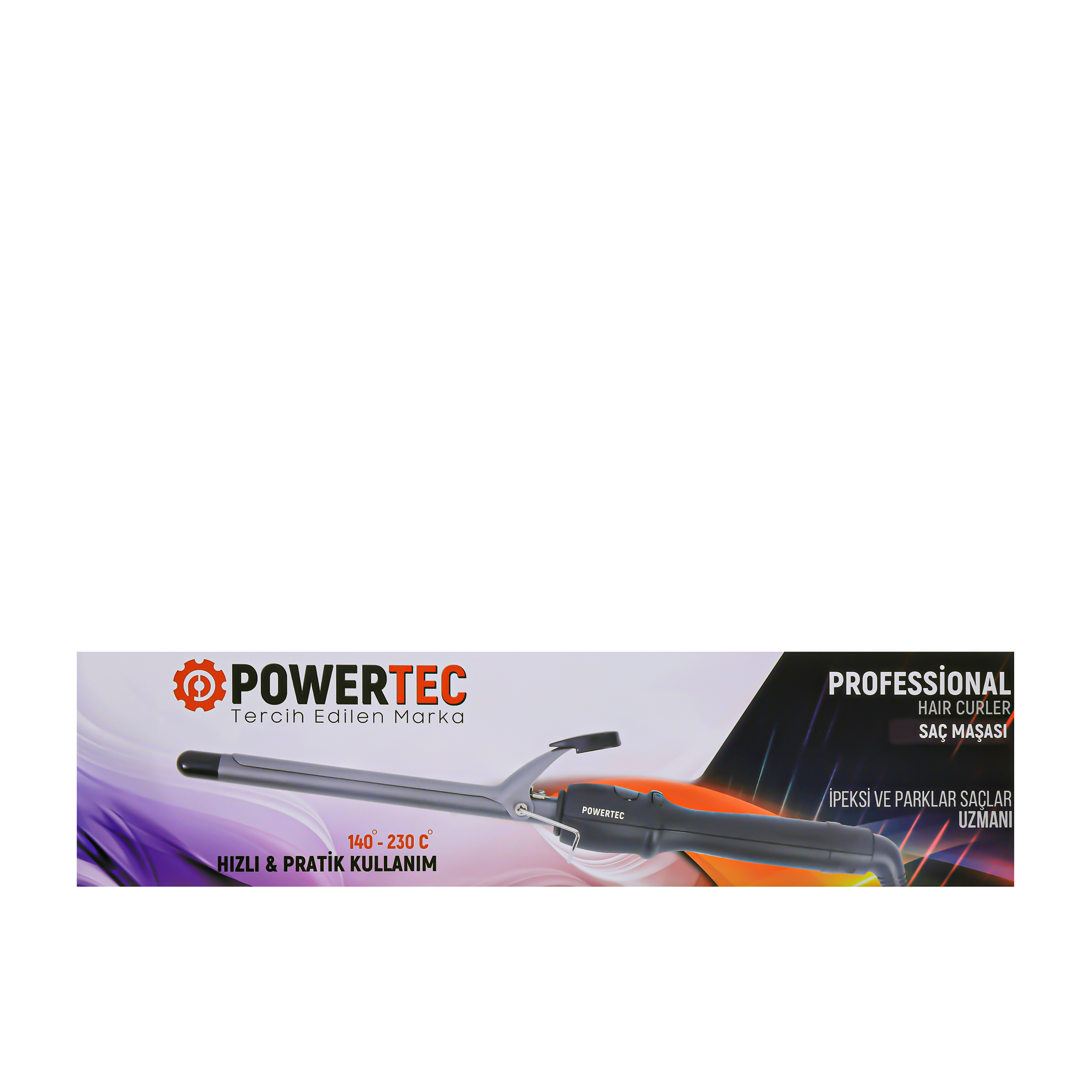 Powertec saç maşası, gri ve siyah renkte, 'Professional Hair Curler' yazılı.