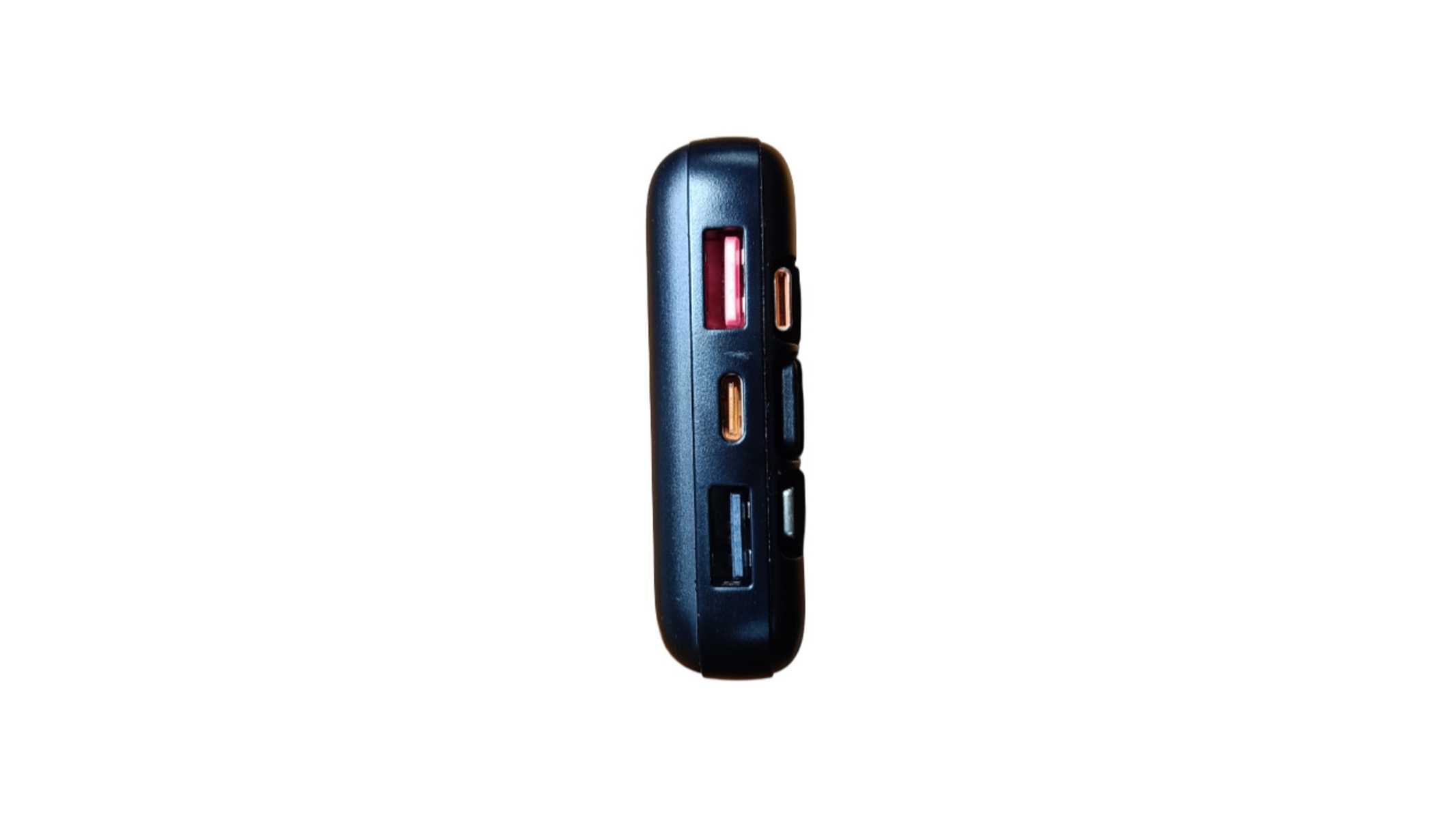 Dispositivo de power bank negro con múltiples puertos USB, vista lateral.
