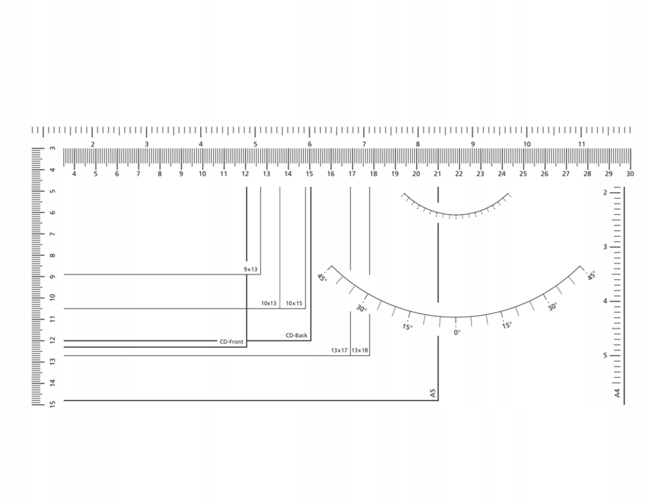 Linijka z łukami kątomierza, jednostkami miar i oznaczeniami rozmiaru papieru.