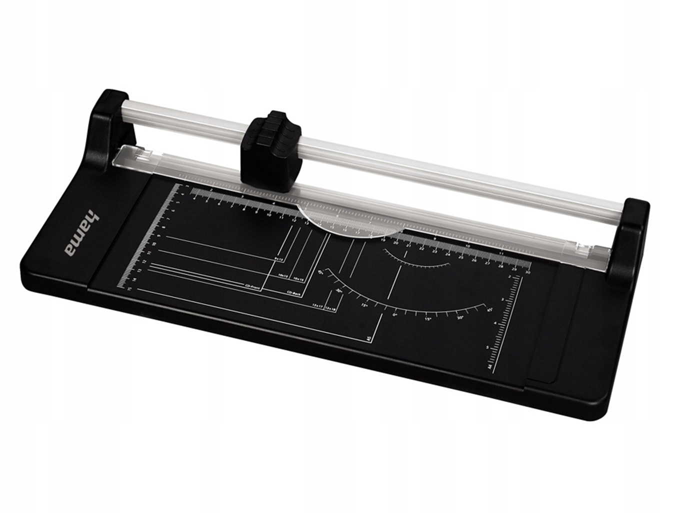 Czarna gilotyna do papieru/zdjęć z przezroczystym ramieniem tnącym i linijkami.