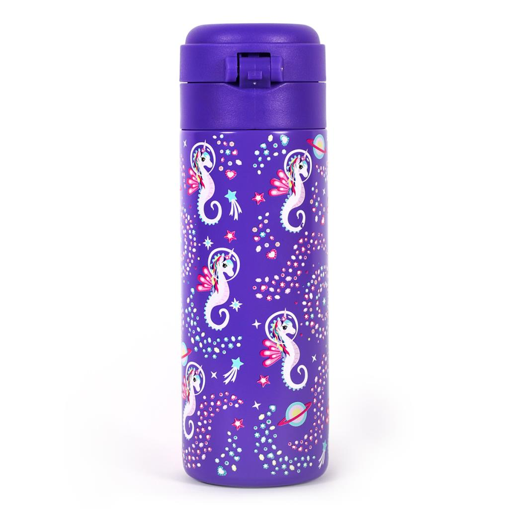 Termo morado con diseño de caballitos de mar y espacio.