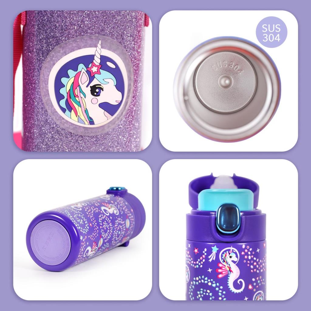 Botella de agua morada con diseños de unicornio y caballito de mar, vistas superior e inferior.