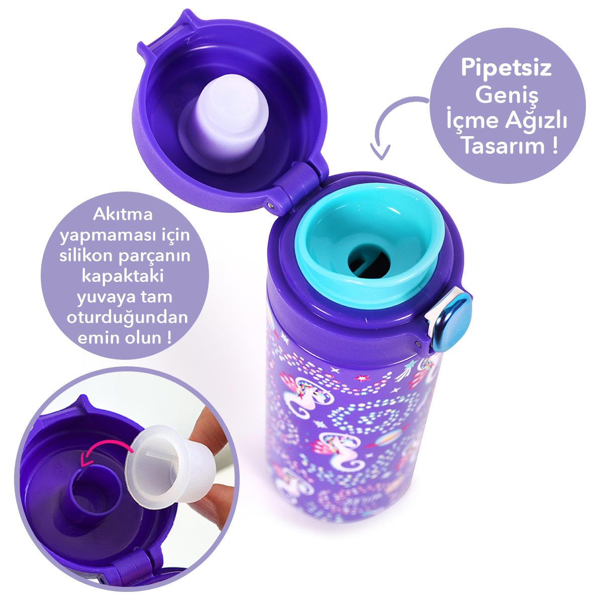Botella de agua morada con unicornios, tapa abierta y boquilla ancha.