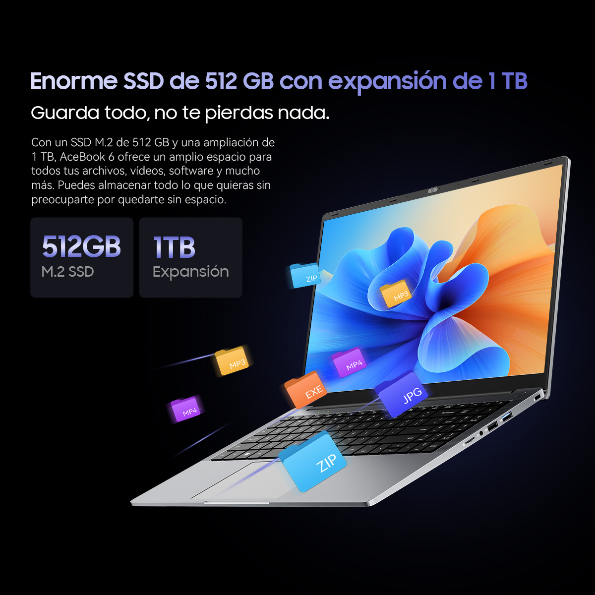 Un portátil con SSD de 512GB y expansión de 1TB, con iconos de archivo.