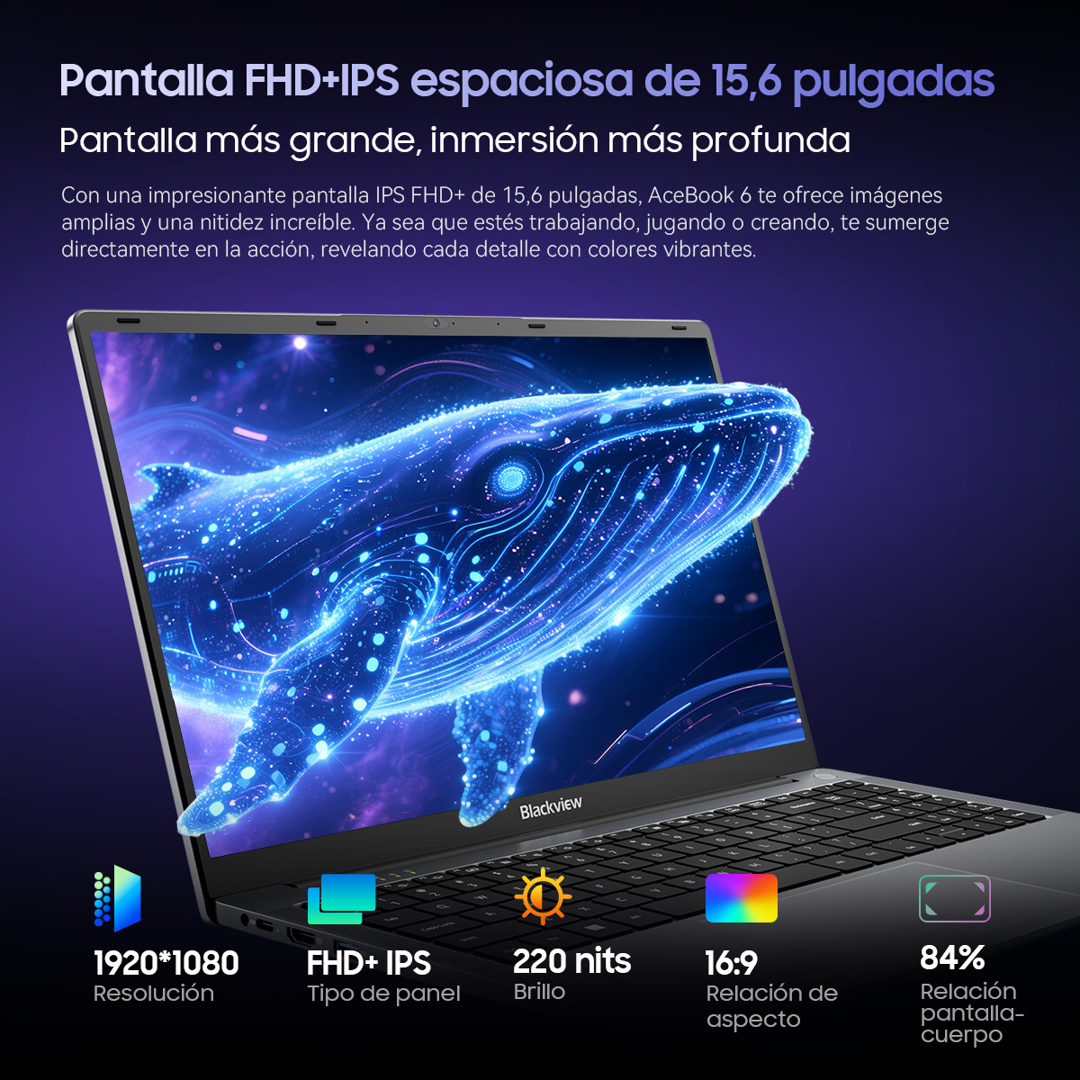 Portátil con pantalla FHD+ IPS de 15,6 pulgadas muestra una ballena brillante. Especificaciones abajo.