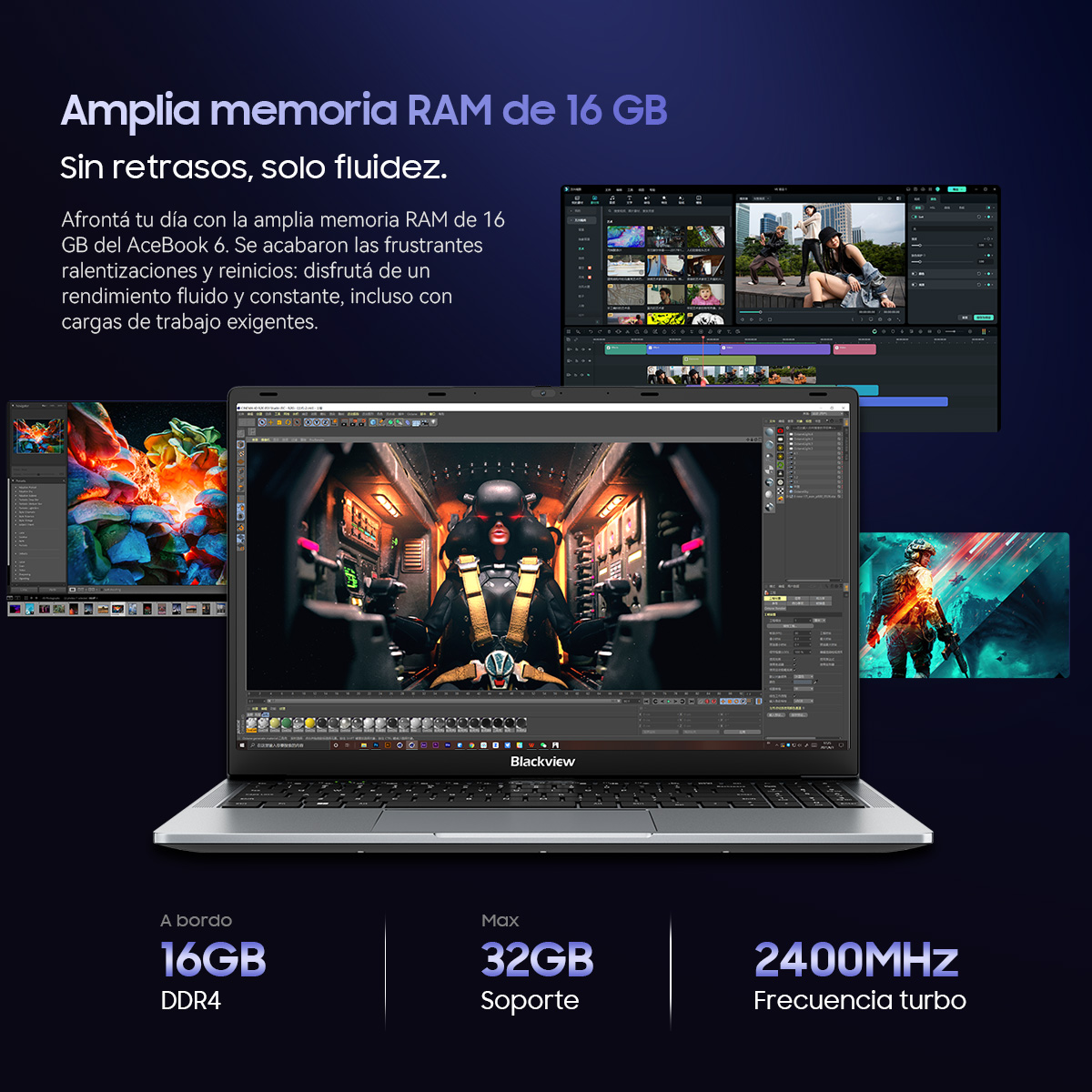Un portátil muestra tres pantallas diferentes: un juego, edición de video y diseño gráfico.