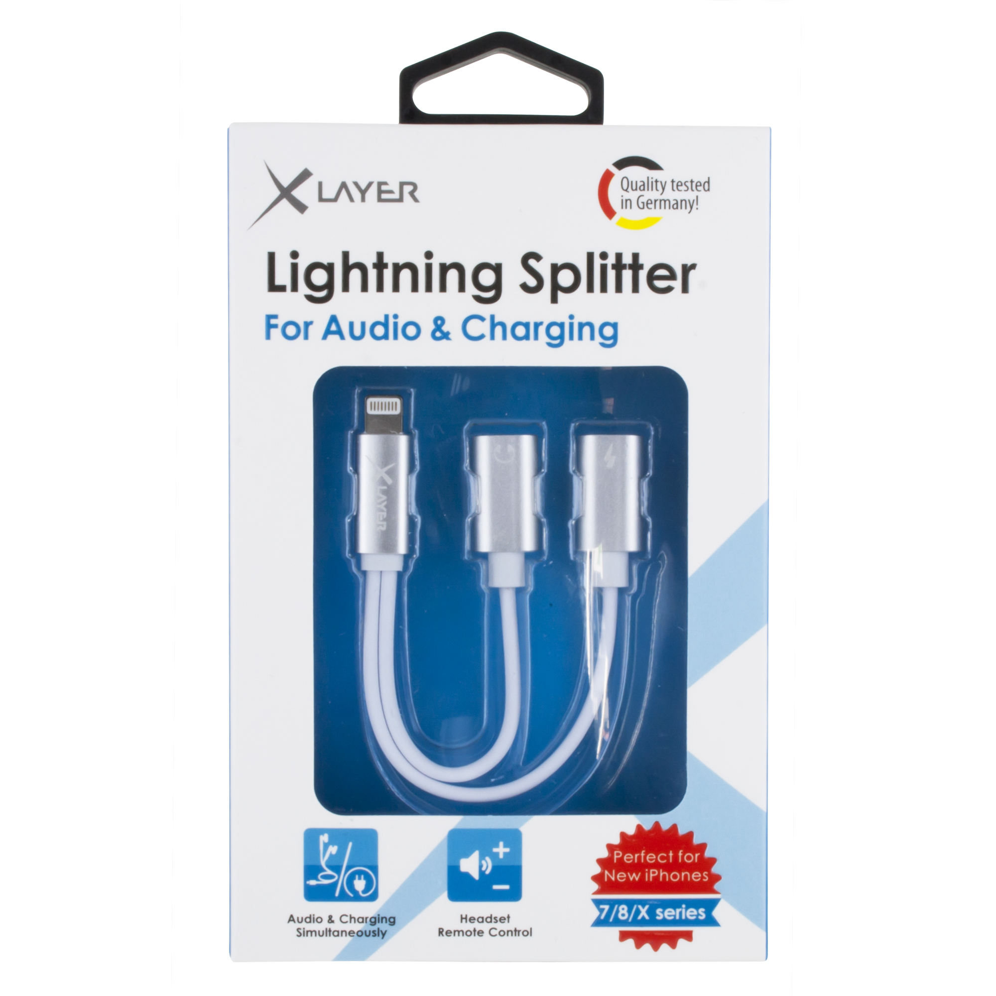 X-Layer Lightning Splitter für Audio und Laden, silberfarben, weiß, für iPhones.