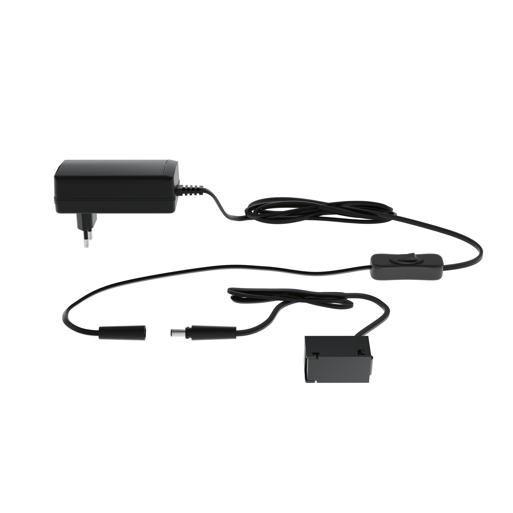 Czarny zasilacz z kablem, przełącznikiem i złączem na białym tle.