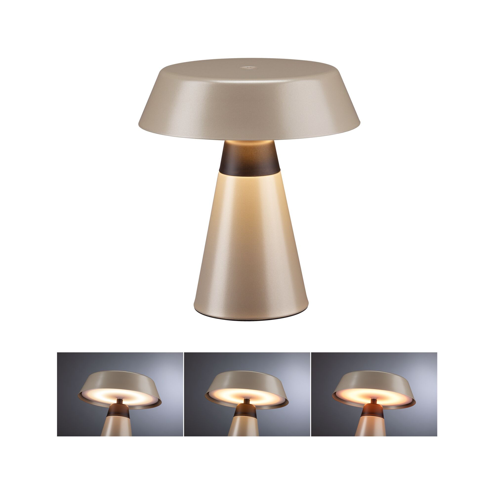 Beżowa lampa stołowa z szerokim kloszem i stożkową podstawą. Podświetlana od wewnątrz.