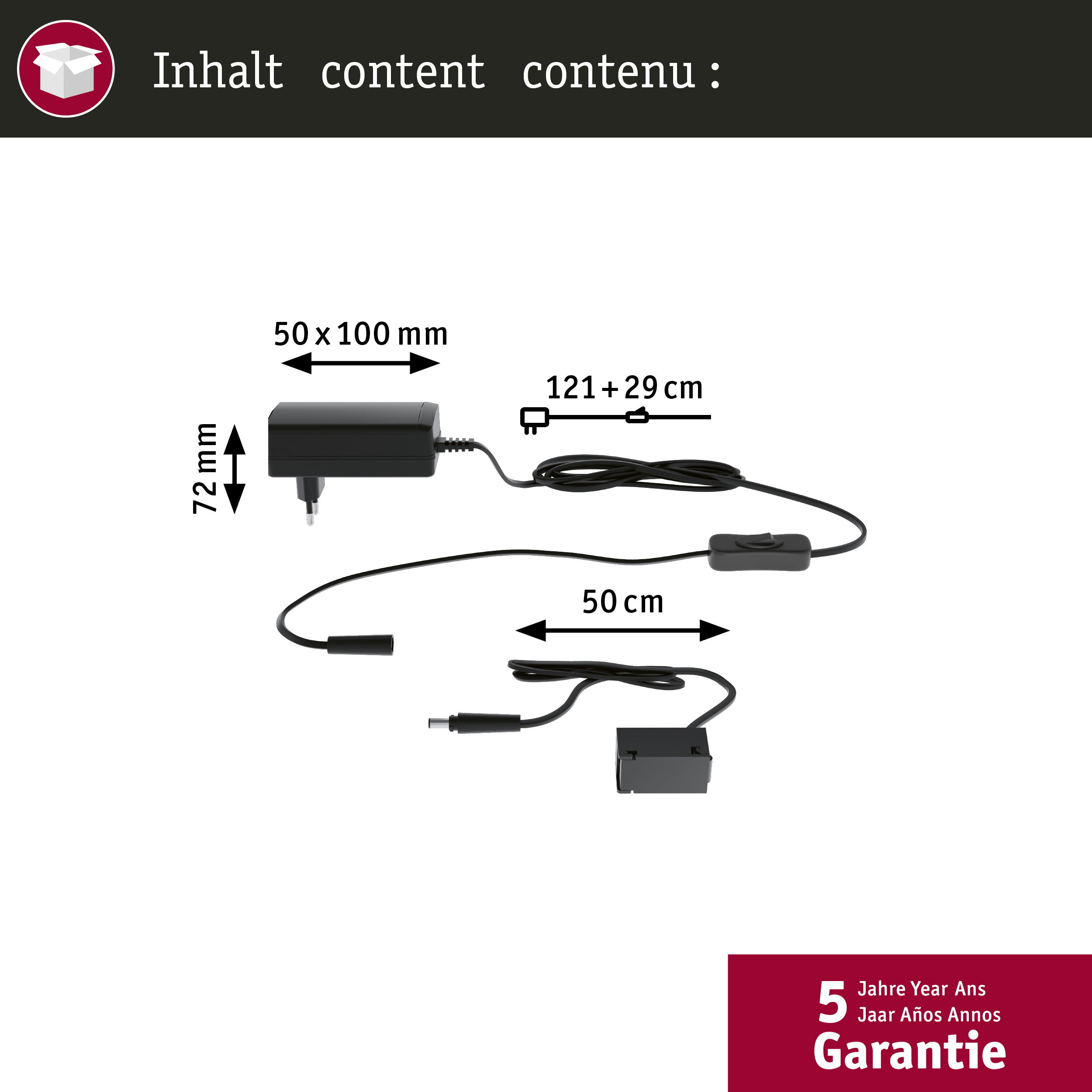Czarny zasilacz z kablem, przełącznikiem i wtyczką. Podano wymiary.
