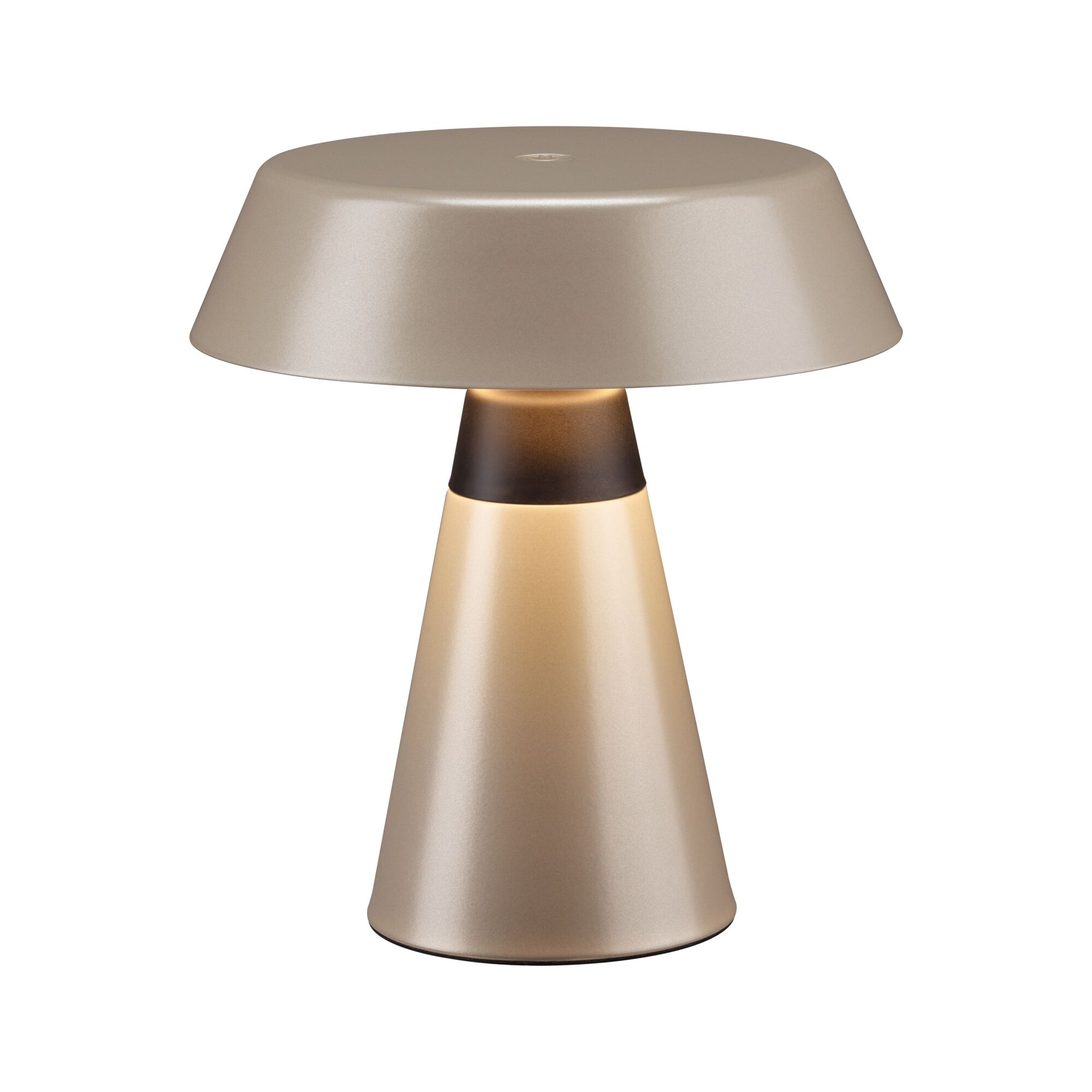 Elegancka, beżowa lampa stołowa z szerokim kloszem i stożkową podstawą, emitująca ciepły blask.