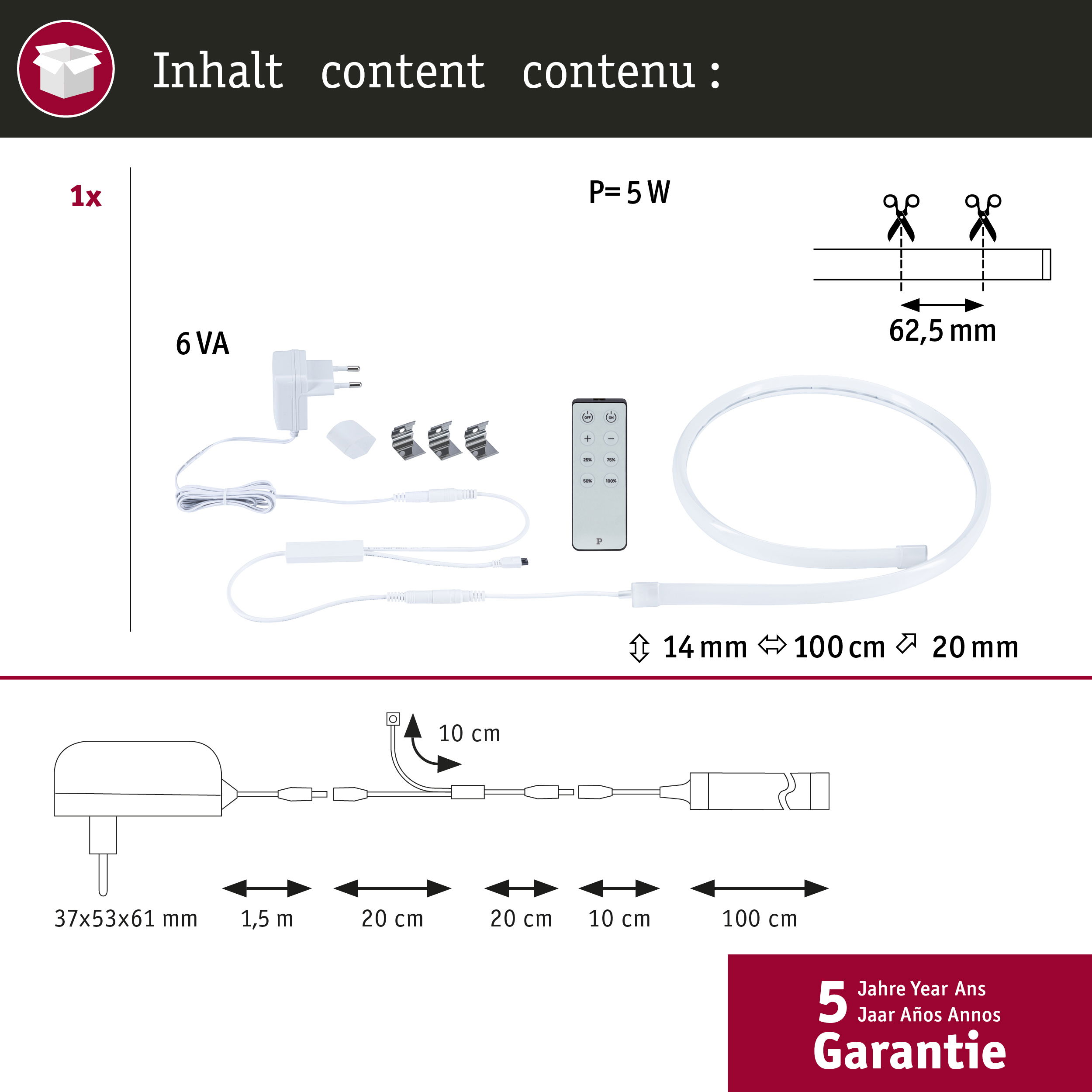 Zawartość opakowania: Zasilacz, pilot, klipsy i taśma LED 100cm.