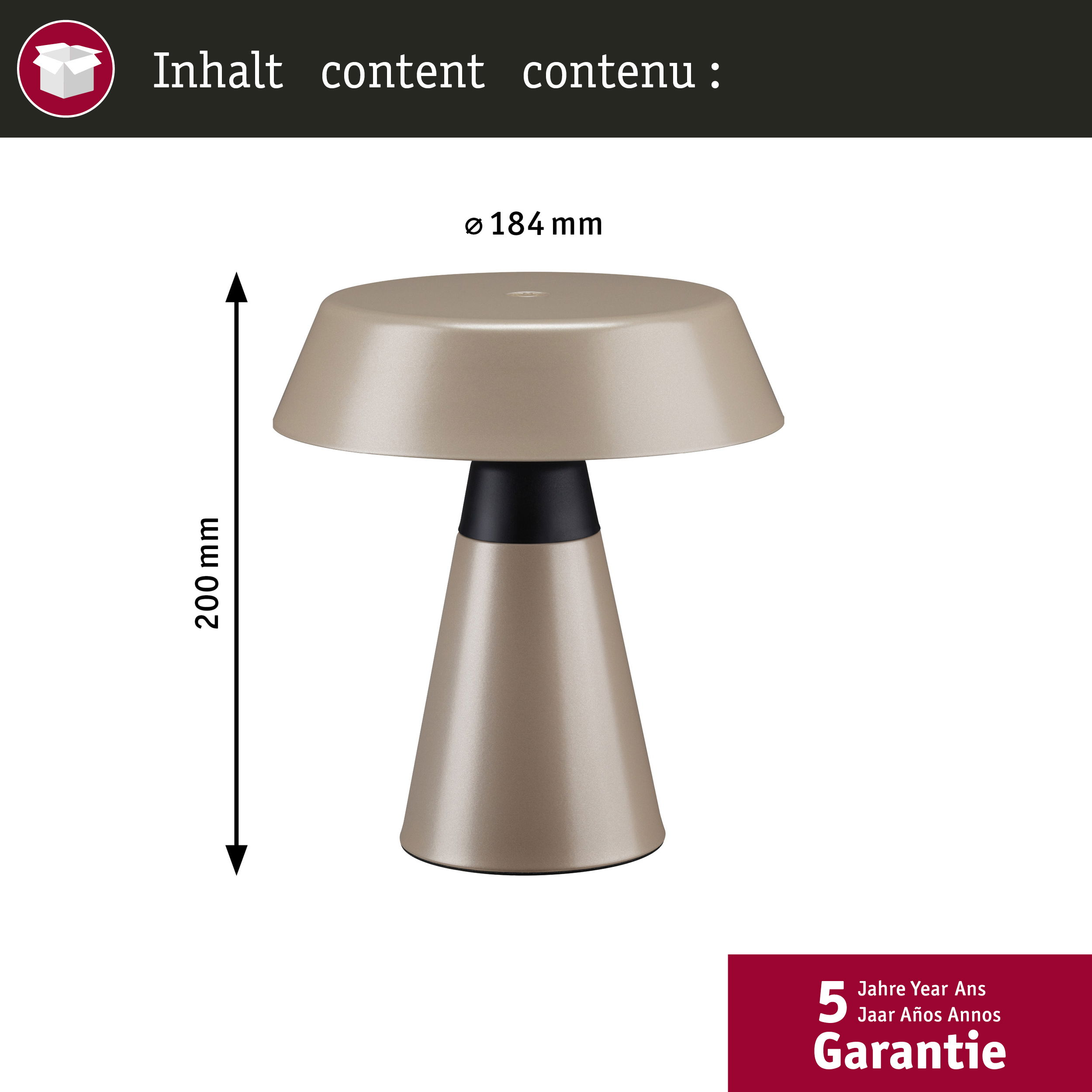 Beżowa lampa z czarną nóżką, wysokość 200 mm, średnica 184 mm.