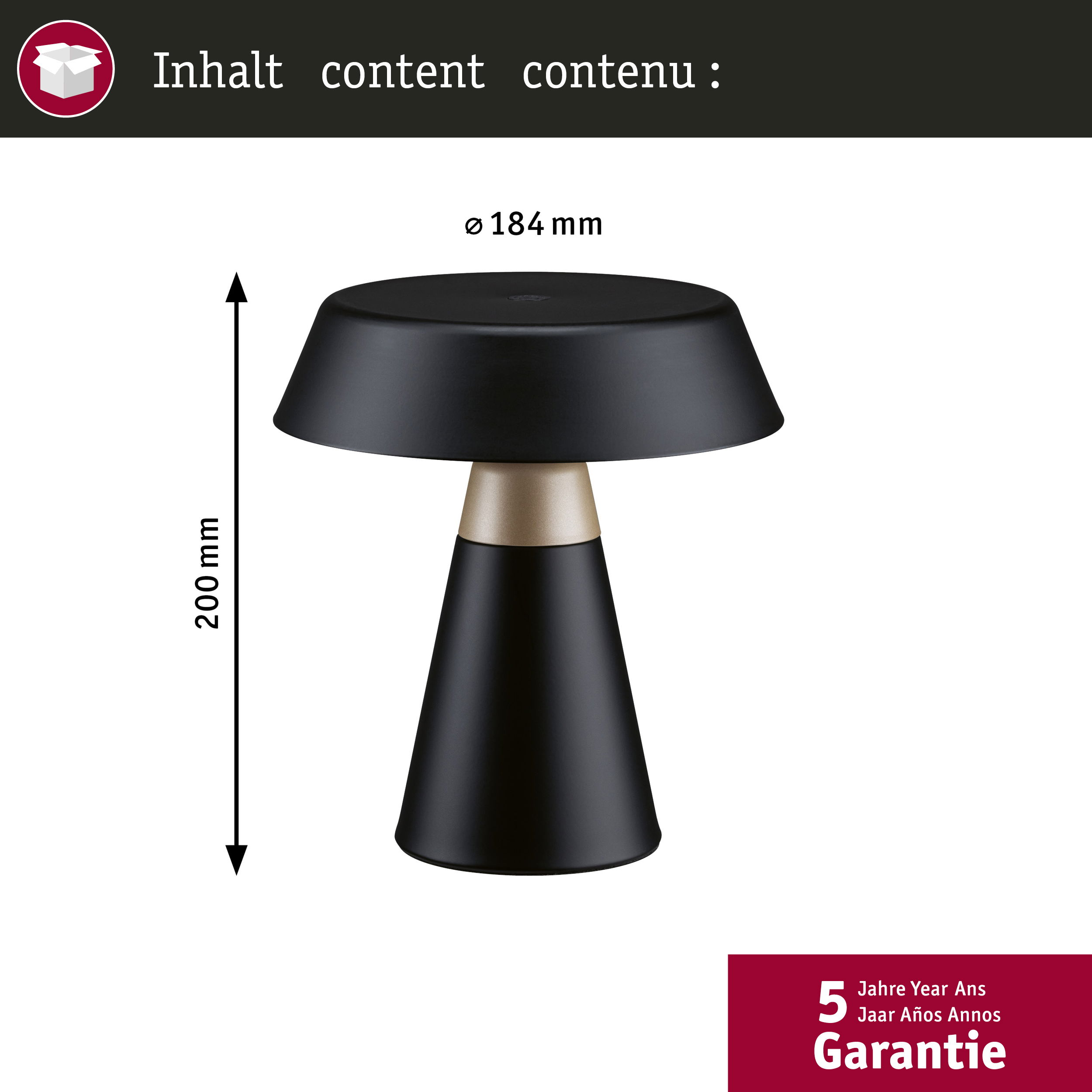 Czarna lampa ze złotym środkiem, Wys: 200mm, Śr: 184mm. 5 lat gwarancji.