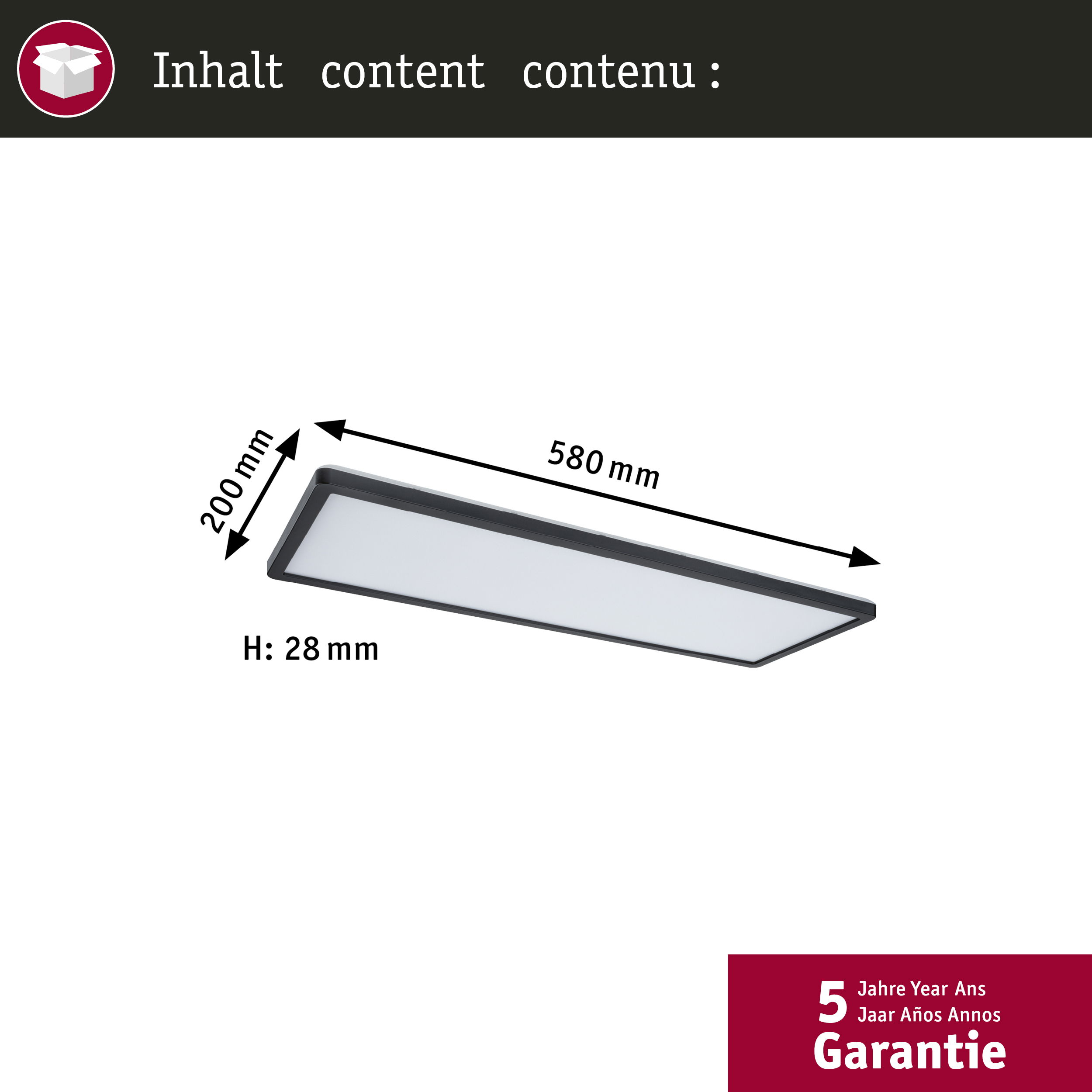 Płaski, prostokątny plafon o wymiarach 580x200x28 mm.