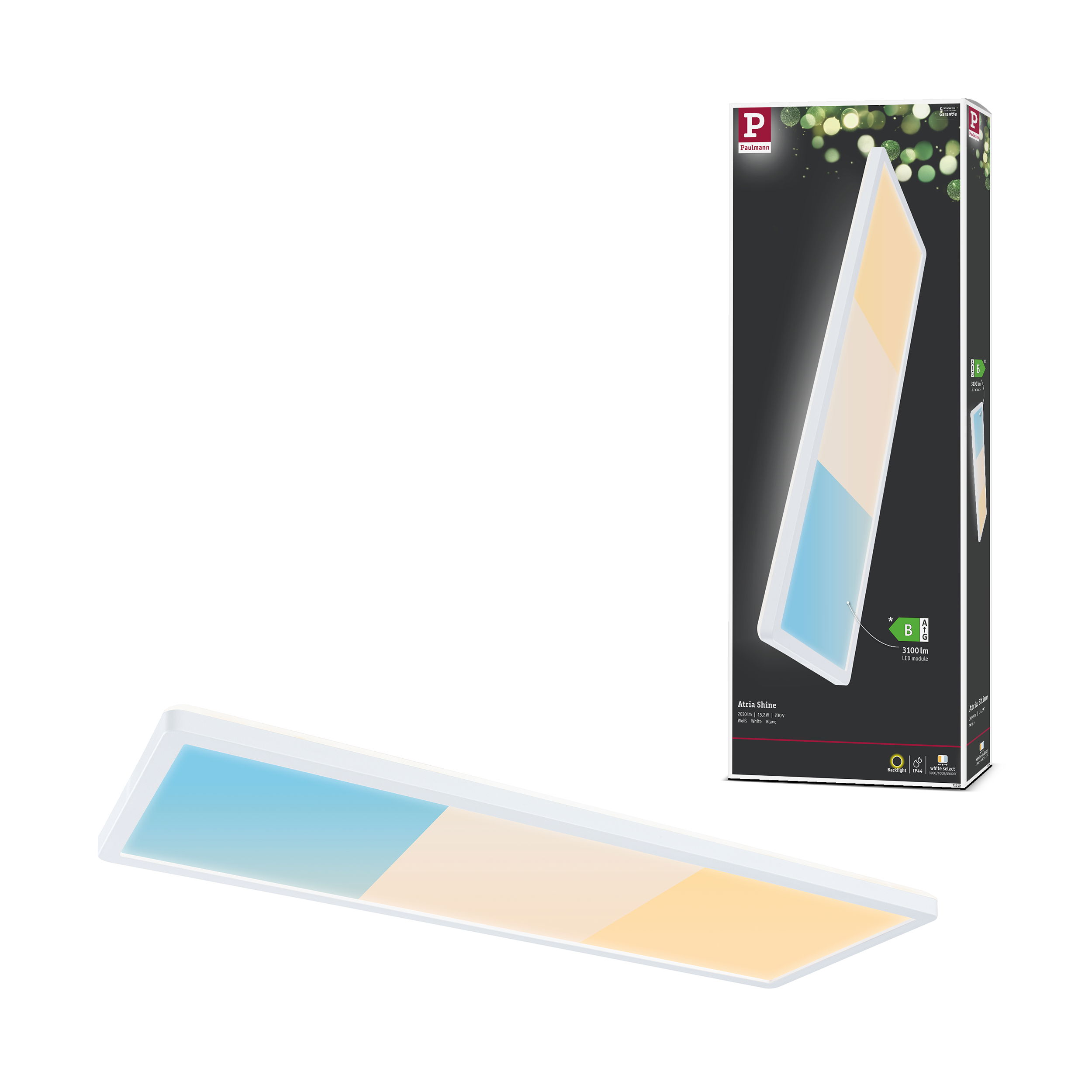 Prostokątny panel LED z niebieskimi, białymi i żółtymi sekcjami światła.