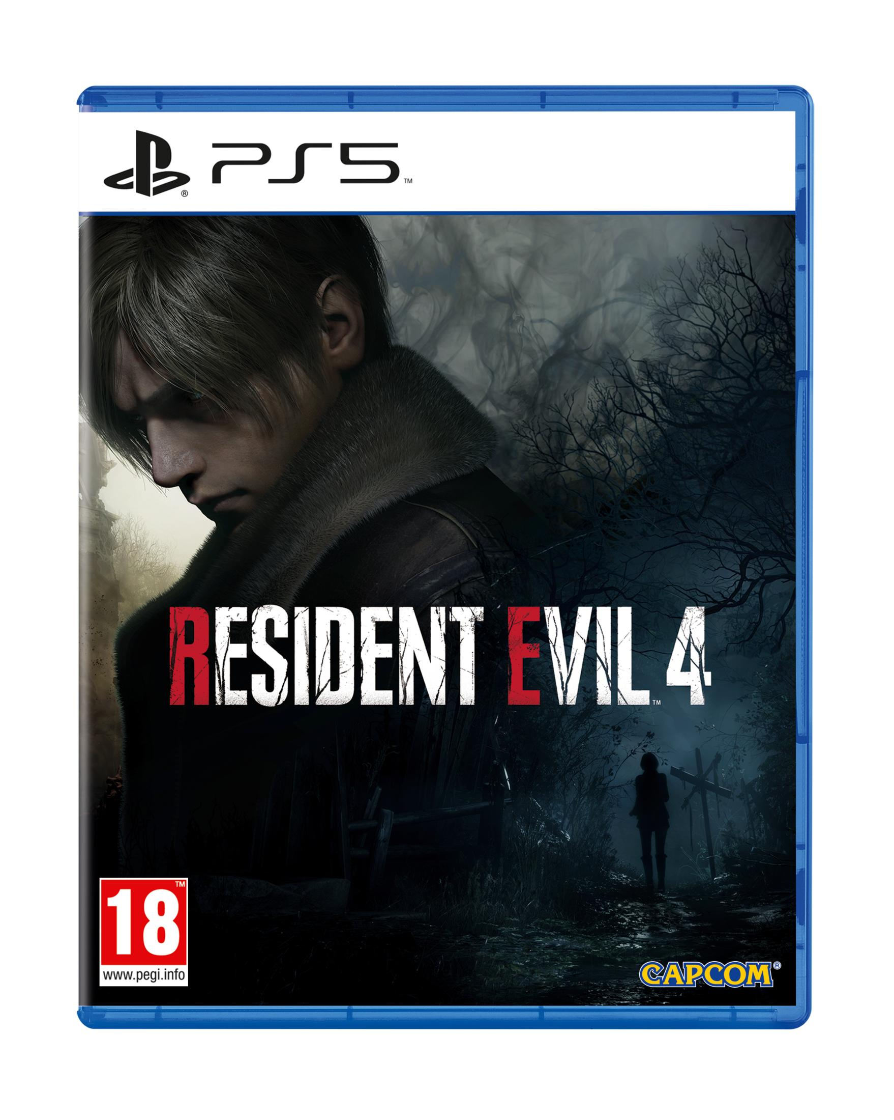 Custodia PS5 Resident Evil 4 con Leon S. Kennedy e una donna sullo sfondo.