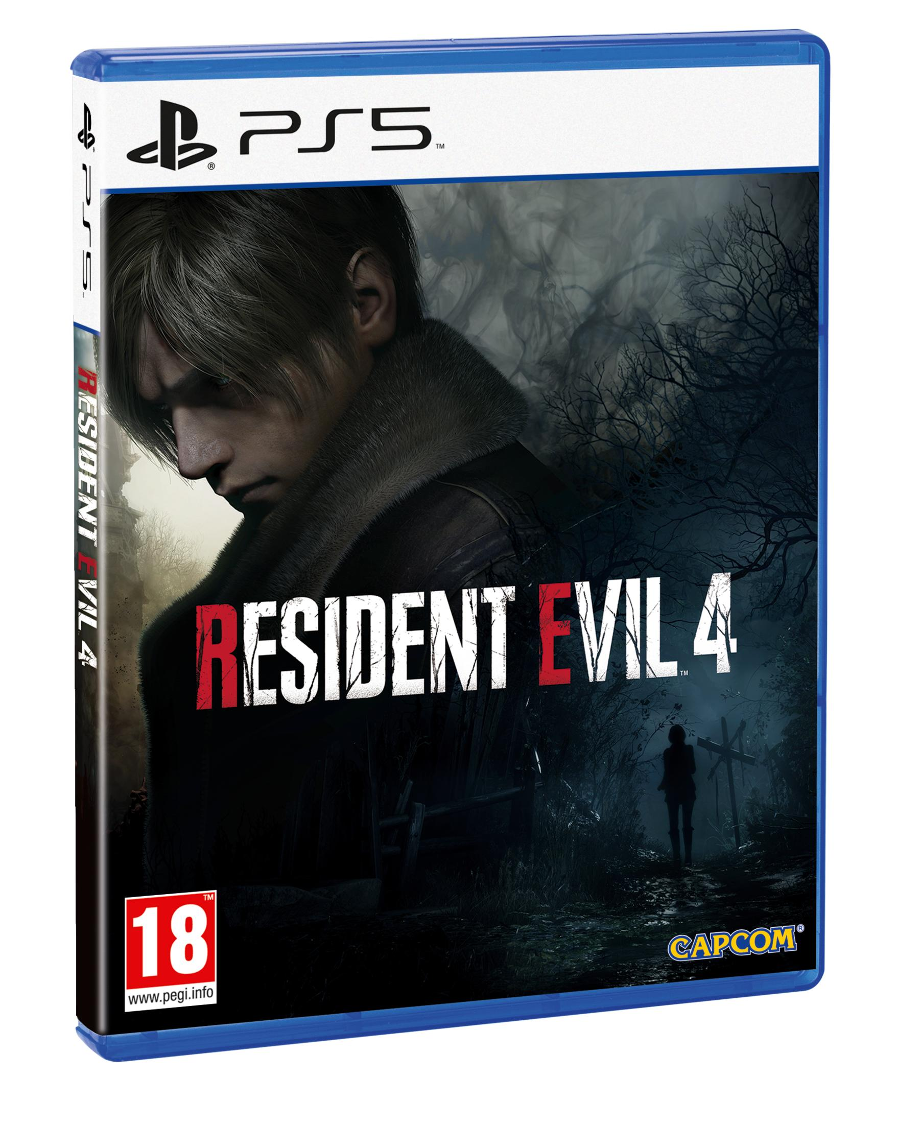 Copertina gioco PS5 Resident Evil 4 con Leon S. Kennedy in una foresta spettrale.