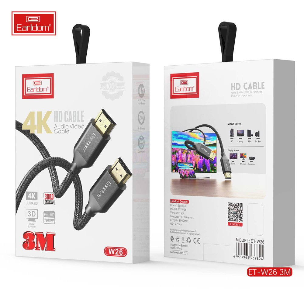 Earldom 4K HD kablo, iki konektörlü, 3M uzunluğunda, beyaz ambalaj üzerinde.