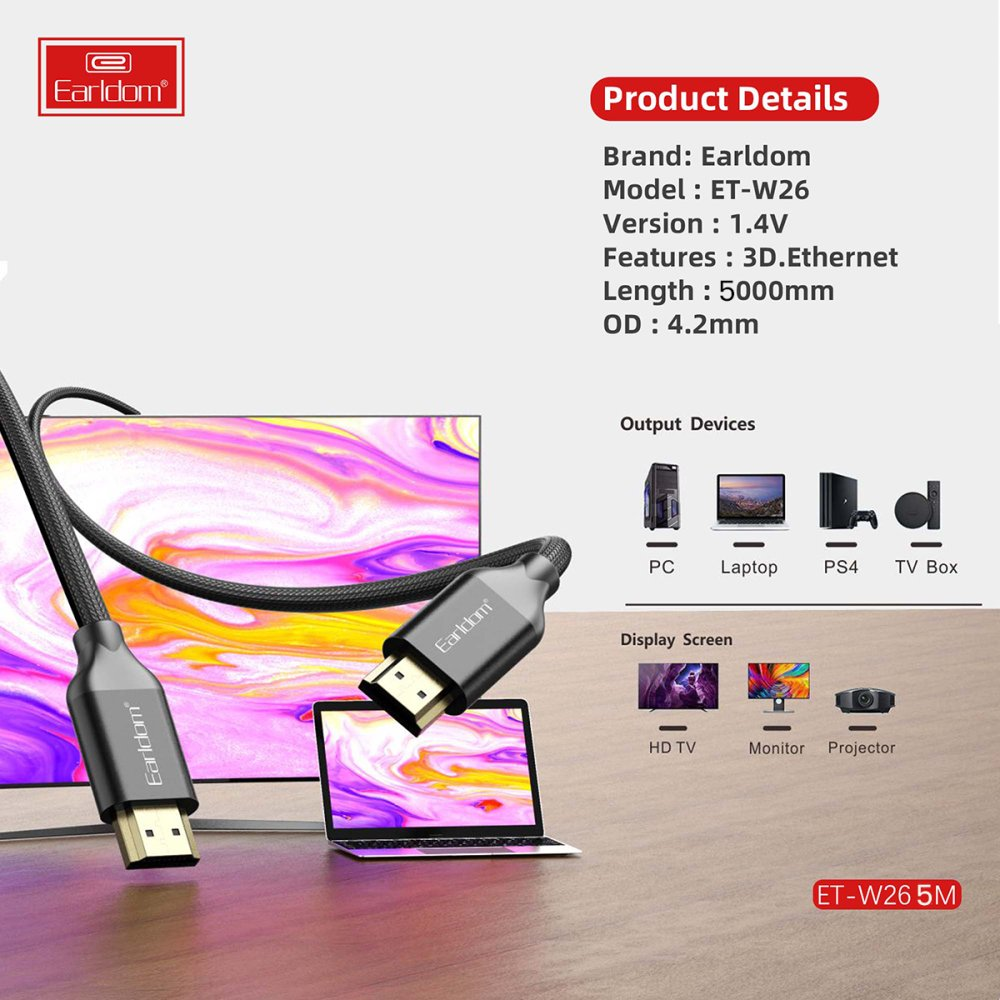 Bir Earldom HDMI kablosu TV ekranı önünde bir dizüstü bilgisayarın üzerinde.