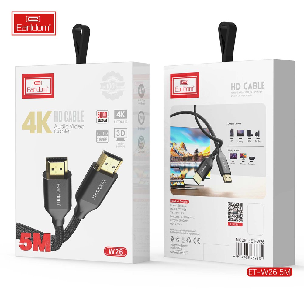 5M 4K, Full HD, 3D ve Ethernet HDMI kablosu ambalajı.