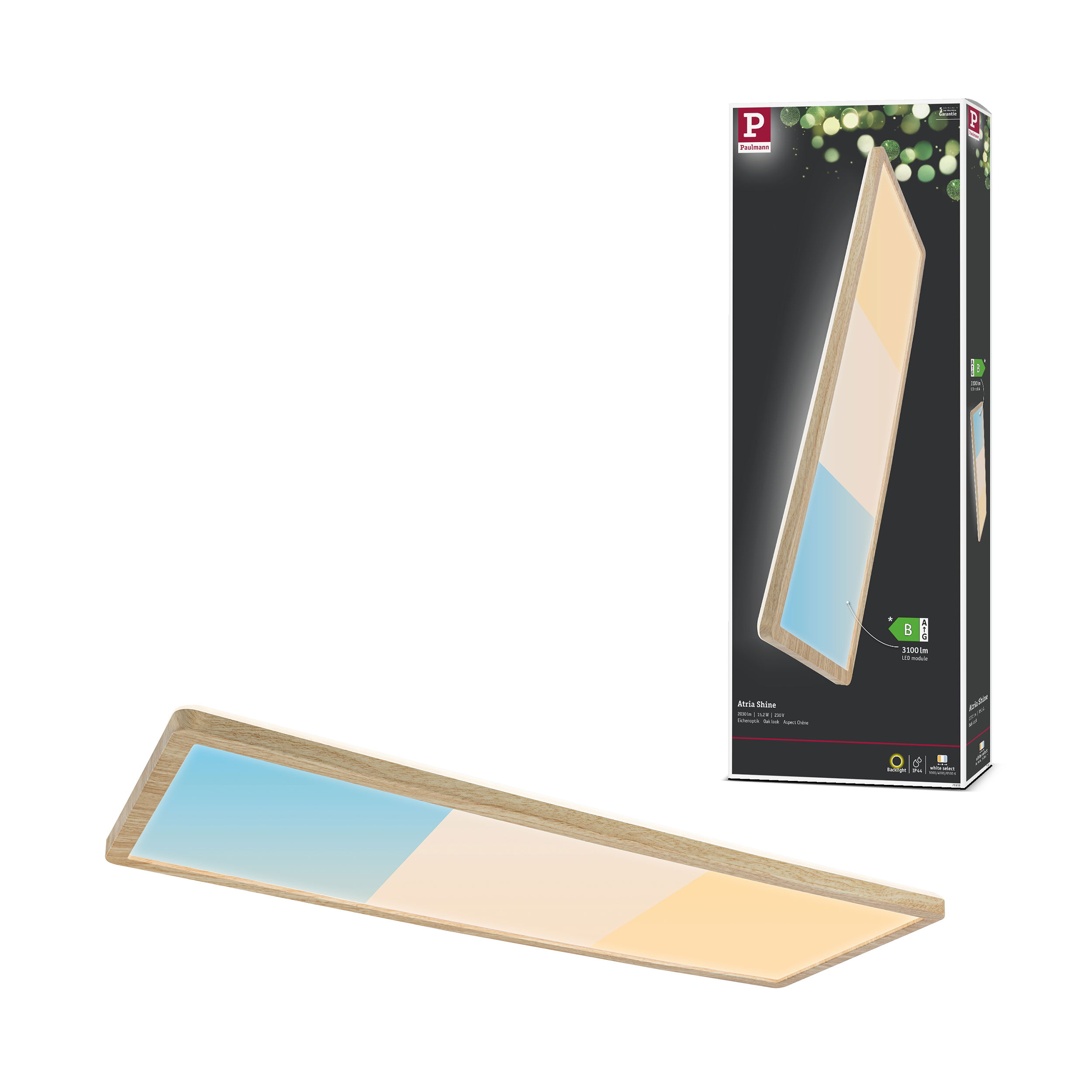 Drewniana lampa ramowa z gradientem od niebieskiego przez biały do żółtego.