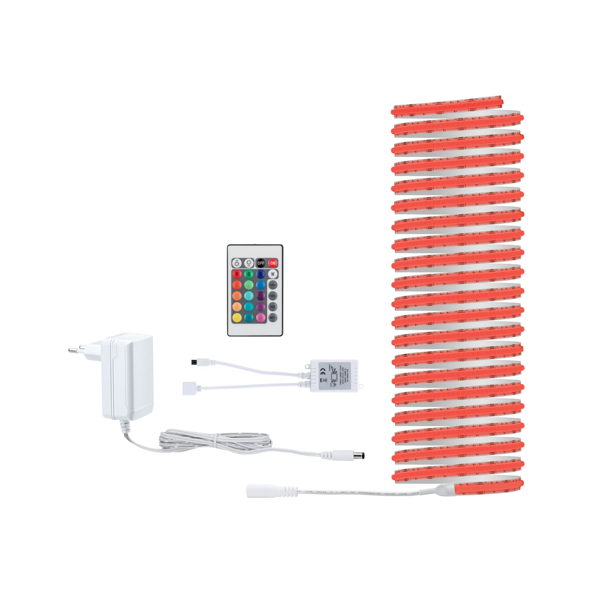 Zasilacz, pilot, kontroler i czerwone paski LED.